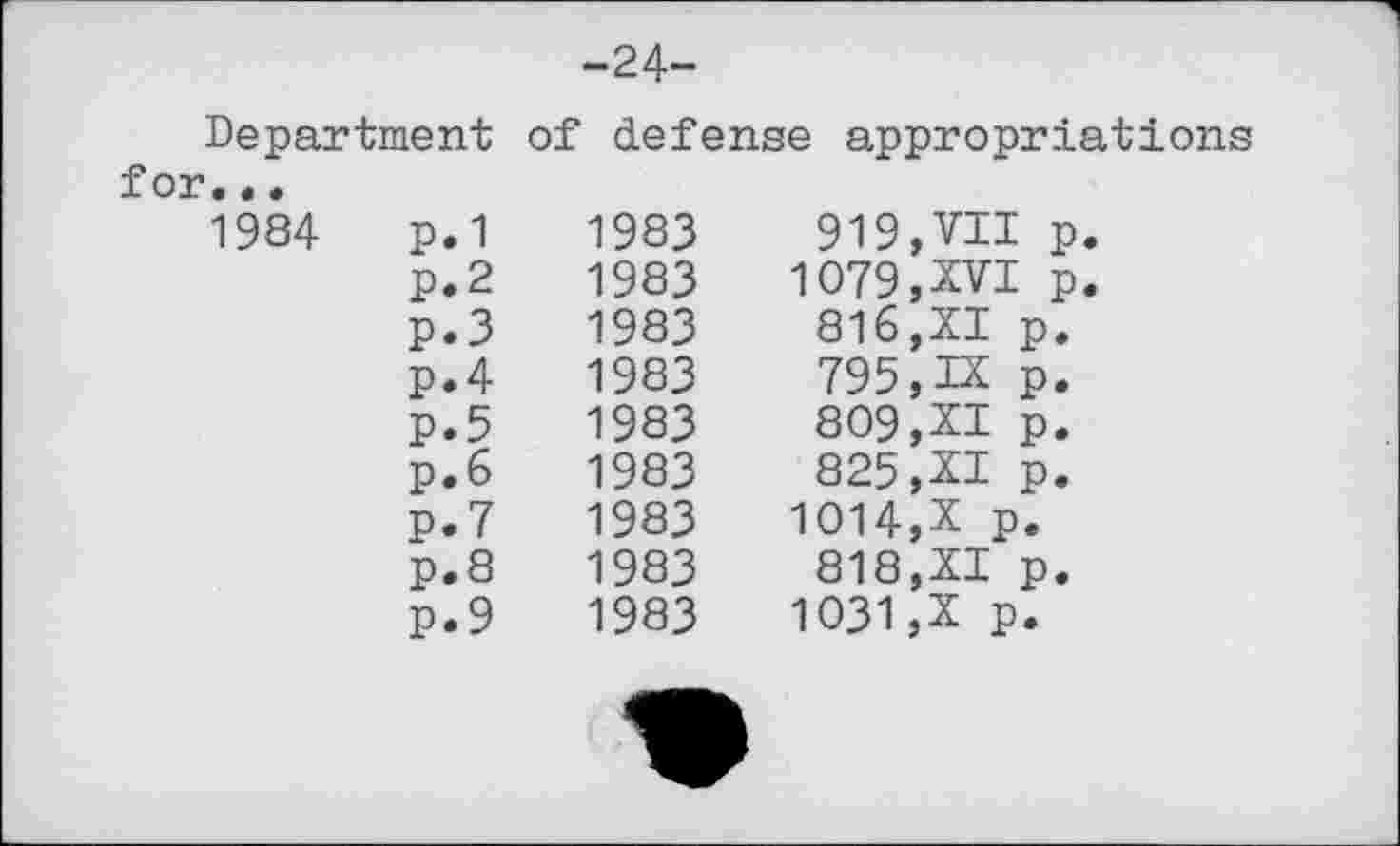 ﻿-24“
Department of defense appropriations		
for...		
1984	p.1	1983	919,VII p.
P.2	1983	1079,XVI p.
p.3	1983	816,XI p.
p.4	1983	795,IX p.
p.5	1983	809,XI p.
p.6	1983	825,XI p.
P.7	1983	1014,X p.
p.8	1983	818,XI p.
P.9	1983	1031,X p.